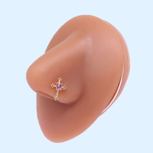 Gaibei European and American cross-border personalized cross L-rod nose nail square zircon oval zircon stainless steel piercing nose ornament