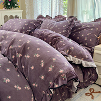 新款韩版高克重牛奶绒夹棉床盖四件套加绒加厚花边被套四件套套件