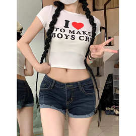 水洗复古翻边直筒牛仔短裤女夏季新款复古辣妹低腰包臀a字热裤子