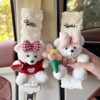 Bear Car Creative Puff Belt, Seat belt shoulder pad - white-bear-watermelon-red-sweater-white-bear-pink-suspender-pants-one-puff-plaid-shoulder-pad