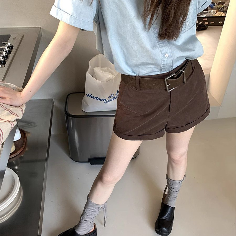 美式复古显瘦休闲短裤2025夏季新款通勤百搭棕色时尚直筒裤女潮流|undefined