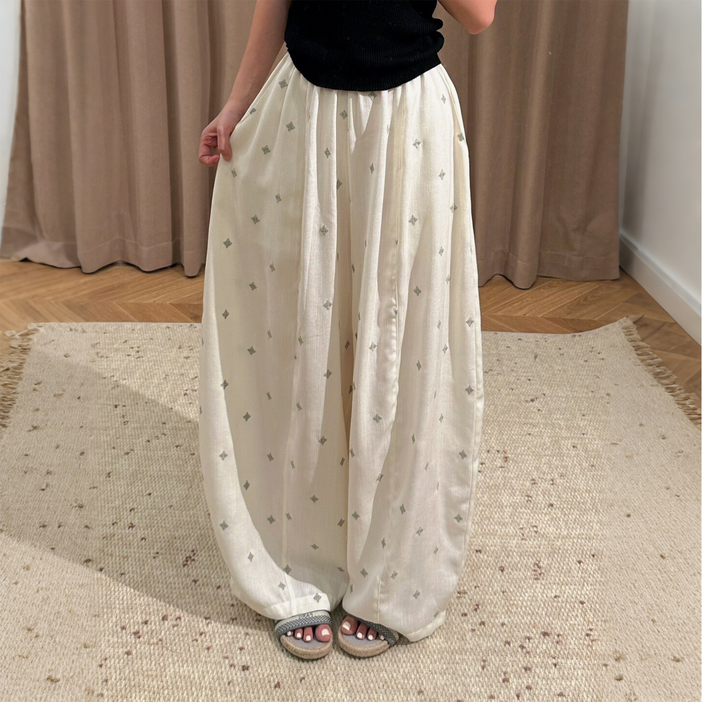 Embroidered Cotton and Linen Wide-Leg Pants for Women, Summer Thin Style 2025 New High-Waisted Loose Drape Casual Pants, Slimming Sycamore Pants