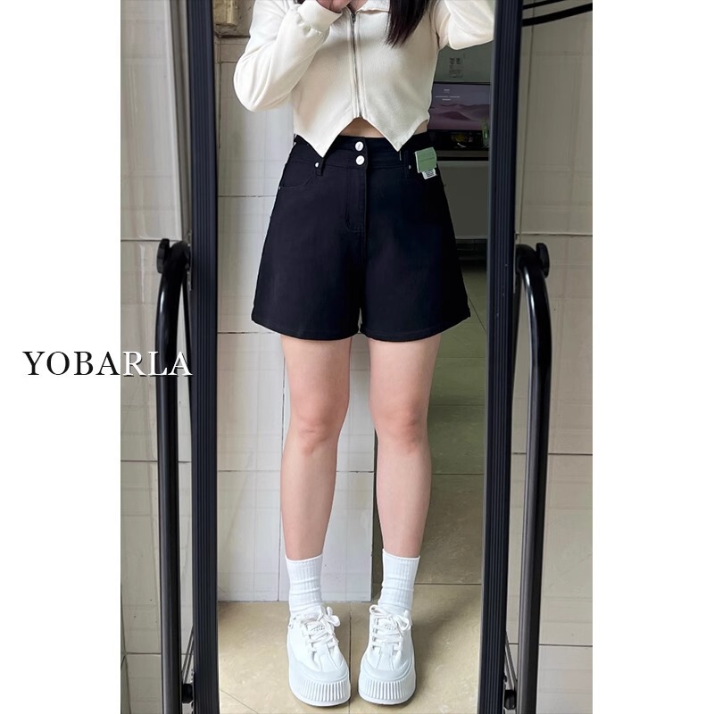 Black Denim Shorts for Women, New Summer Style, Plus Size, High-Waisted, Slimming, Pear-Shaped Body, Wide-Leg A-Line Hot Pants