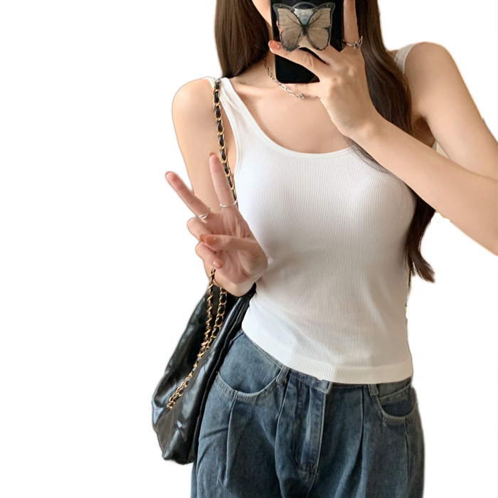 뜨거운 소녀 순수한 욕망 조끼 캐미솔 여성의 여름 겉옷 단색 짧은 튜브 상단 노출 방지 내부 착용 가슴 패드 뷰티 백 탑