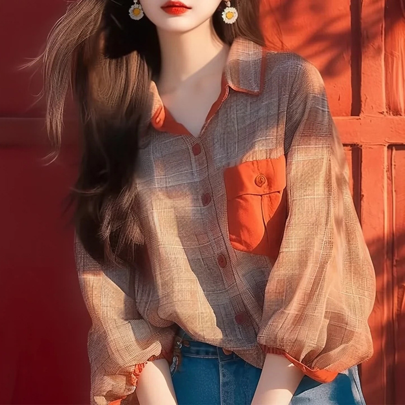 26 Autumn Unique Niche Design Top with Original Korean Style, Fashionable Loose Fit, Beautiful Orange Plaid Shirt 26 Autumn Unique Niche Design Top with Original Korean Style, Fashionable Loose Fit, Beautiful Orange Plaid Shirt