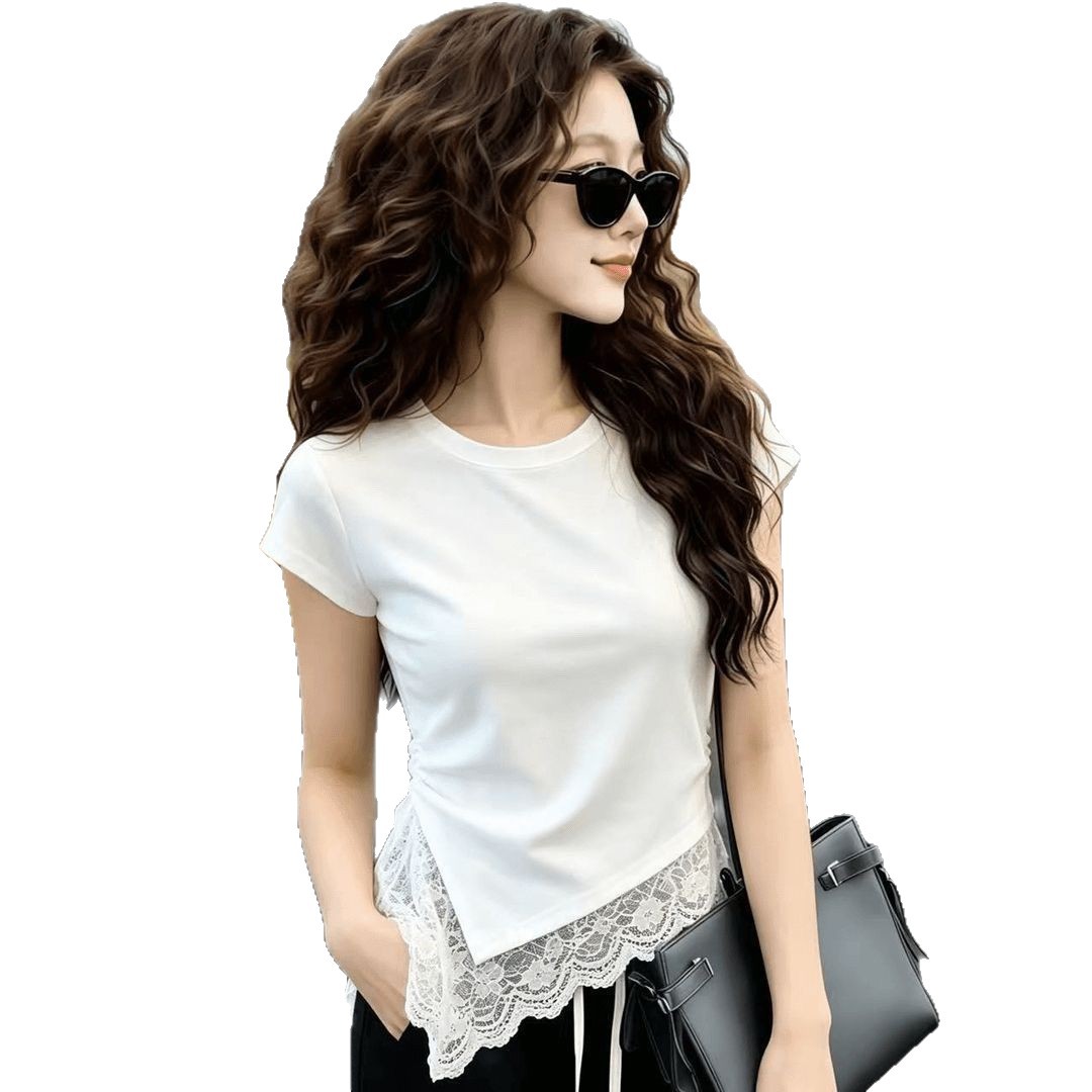 Summer Trendy New Fashion Short-Sleeve T-Shirt for Women, Youthful Design, Irregular Lace Top, Slimming Blouse, Women's Clothing 5