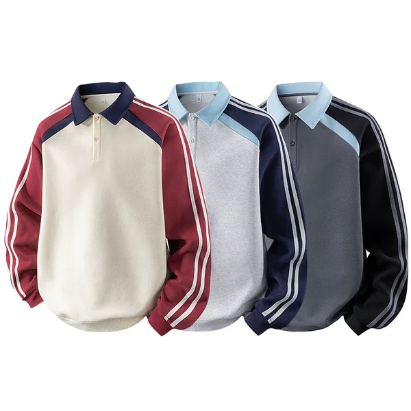 American Sweatshirt Men's Autumn and Winter Loose Casual Lapel Polo Shirt Contrasting Color Student Jacket Top