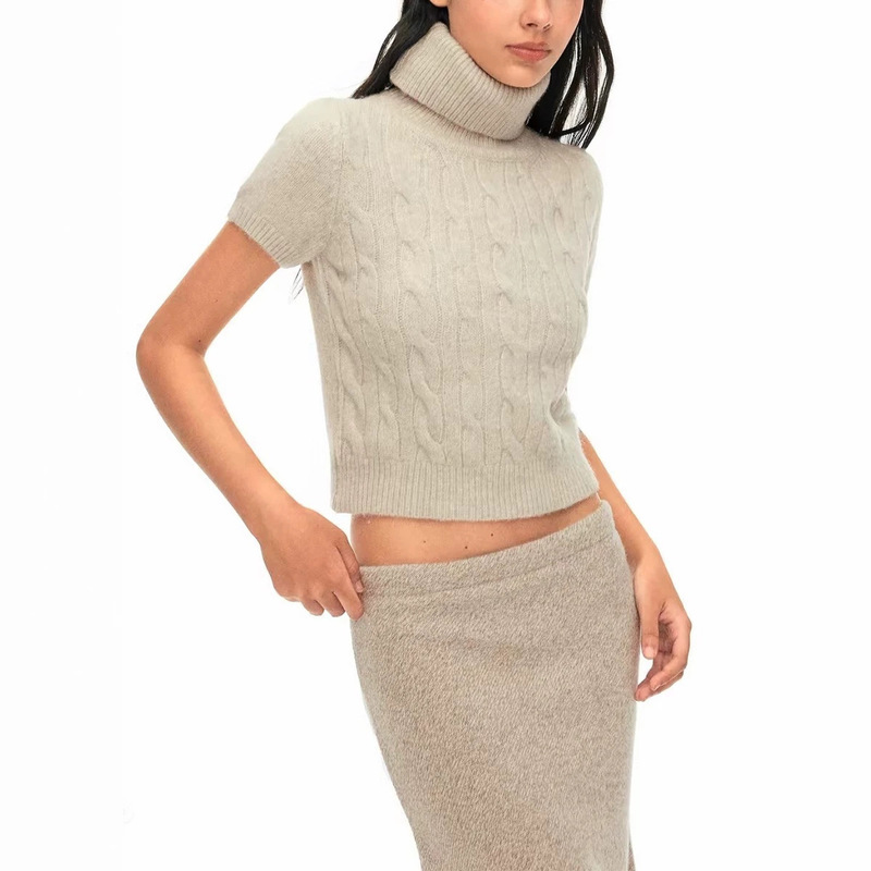 High-neck, solid-color, wool-alpaca blend sweater + vintage-style, silk-blend wool knit A-line skirt for women