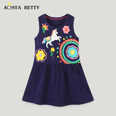 23夏季新品童裝裙子歐美風女童背心連衣裙針織棉卡通印花公主裙