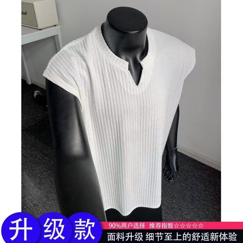 蛇仔螺纹坎肩背心男款夏季美式无袖v领t恤肌理感健身运动休闲背心|undefined