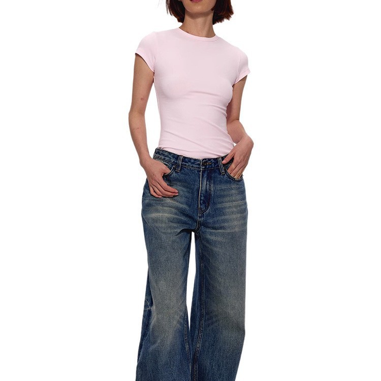 スポットベーシックストレッチモーダル右肩レディーススリムスポーツトップアメリカンホットガール砂時計ウエスト半袖Tシャツ