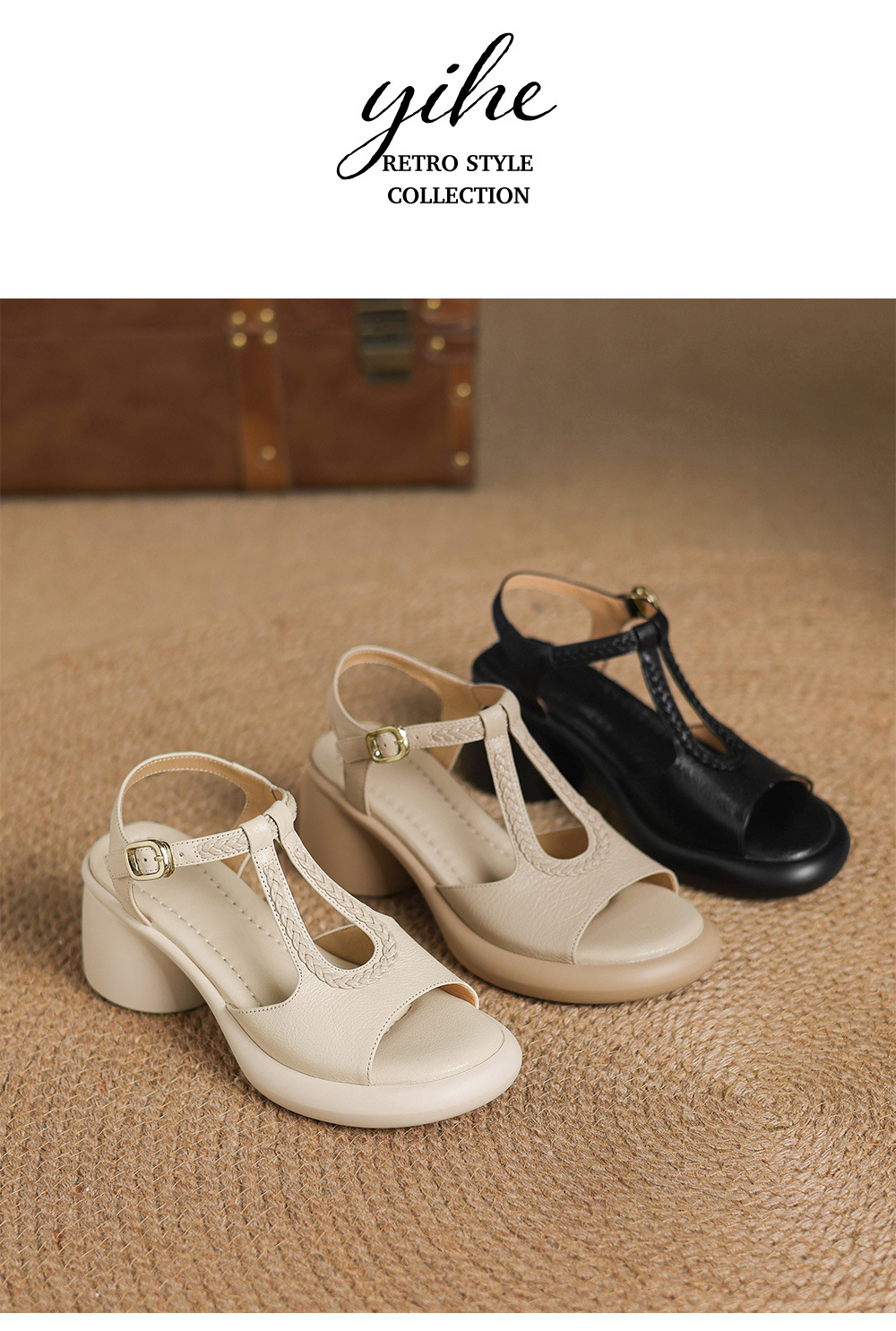 Sandal La Mã cao gót mùa hè size lớn 34-41, đế xuồng gót dày, mũi hở, chất liệu dệt — đen chi tiết 18