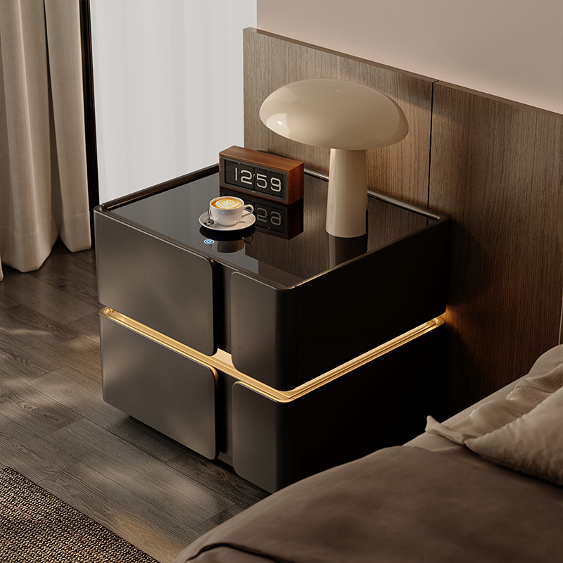 Mesita de noche negra 2025 estilo explosivo, lujo ligero, sentido de alta gama, sentido de diseño de dormitorio en casa, madera maciza de nicho con luz inteligente