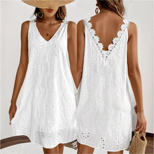 欧美跨境宽松休闲春夏秋纯色V领花边无袖A字裙2025时尚中长款优雅