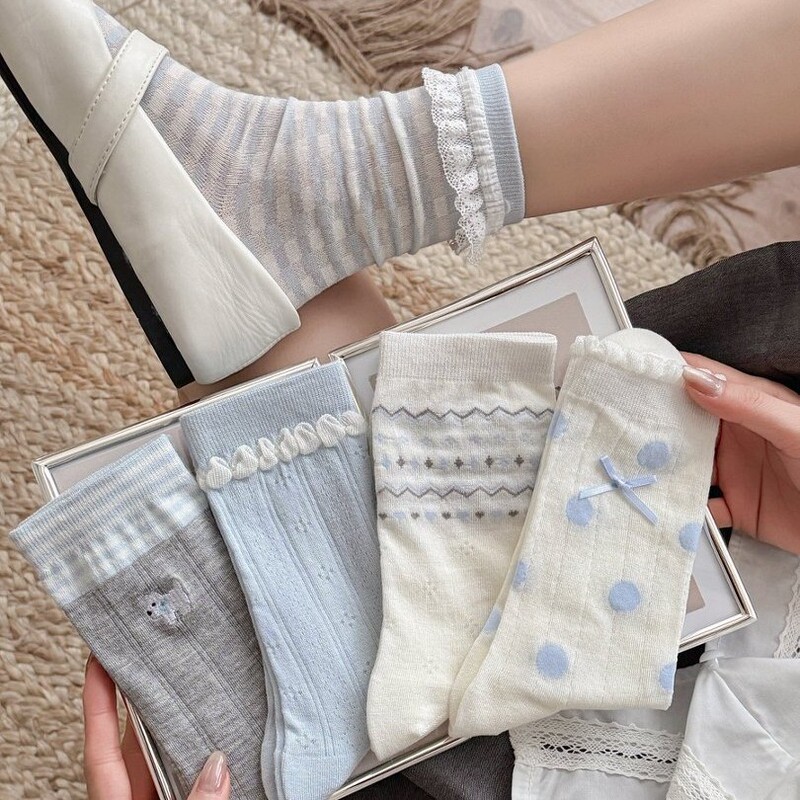Blue Ruffled Edge Socks for Women, Spring and Summer Lace Seamless Cotton Mid-Calf Socks, Autumn Korean Ballet Style Slouch Socks Blue Ruffled Edge Socks for Women, Spring and Summer Lace Seamless Cotton Mid-Calf Socks, Autumn Korean Ballet Style Slouch Socks