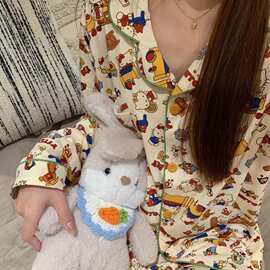 卡通波点睡衣女款春秋季云朵棉纱长袖套装可爱开衫休闲家居服夏天