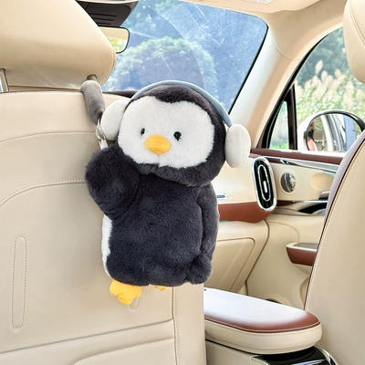 Manufacturer-customized car tissue box, featuring a cute plush penguin design, for hanging on car seats; a car tissue holder (Car tissue box/set) - rabbit-fur-penguin-tissue-box