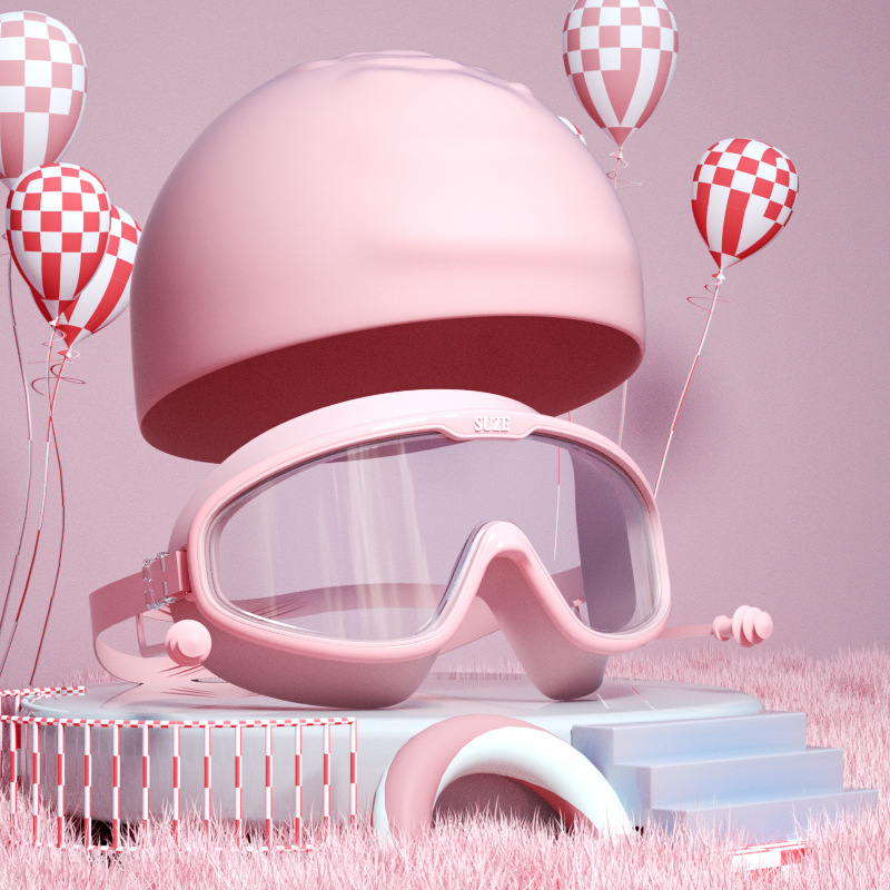5~16세 어린이 모델 - 핑크색 투명 수영 고글 + 핑크색 수영 모자 + 가방