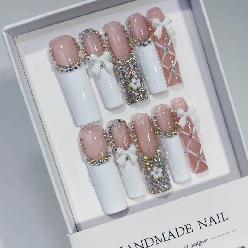 Foreign Trade Shein Cross-Border Temu Handmade Wearable Nails Hot-Selling Stereo Relief Small Diamond Ins Style Long Nails