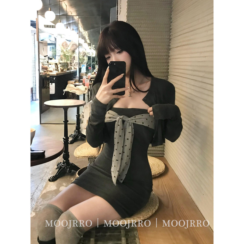 Pure Desire Hot Girl Suit Women's Autumn Petite Slim Fit Hip Dress Short Skirt High-End Long Sleeve Cardigan Two-Piece Set