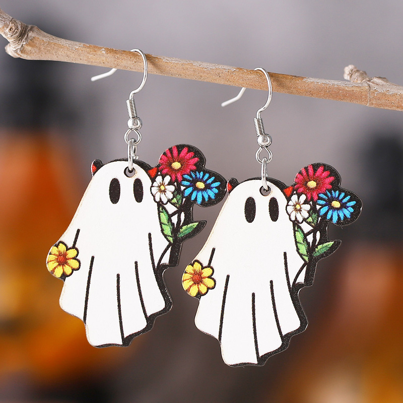 国境を越えた新型ハロウィーンゴシック風かわいい幽霊花本ポケット幽霊ペンダント木製両面イヤリング|undefined