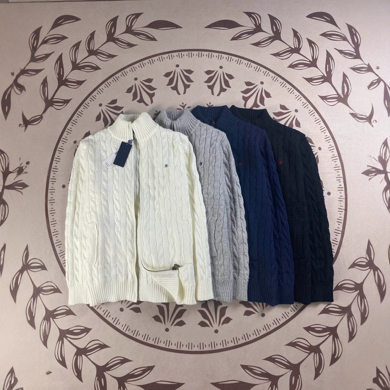 RL Ralph Lauren warm autumn and winter zippered cable knit sweater with twisted embroidery, cardigan for women and men