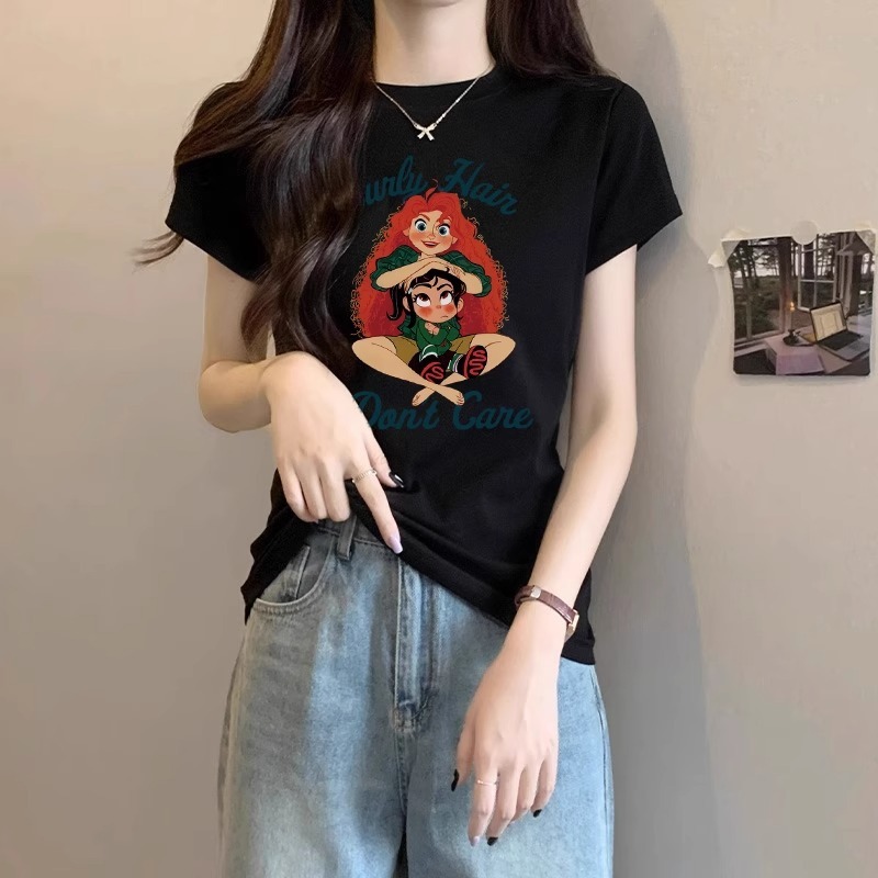デザインニッチな右肩ピュアコットン半袖Tシャツレディース夏新作プリントスリムラウンドネックグレートップトレンディ|undefined