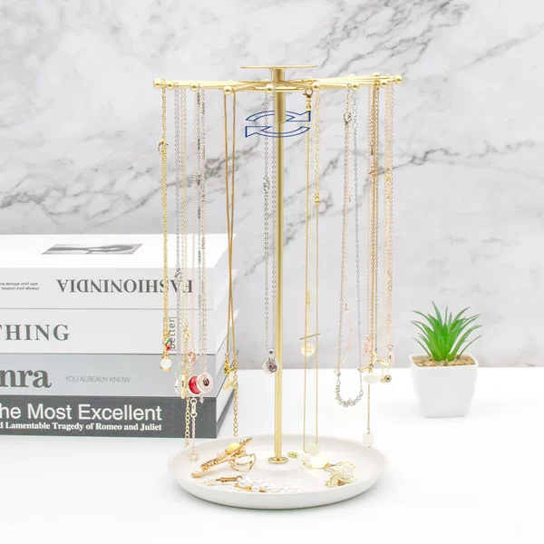 Home wrought iron removable jewelry storage rack desktop rotating necklace rack tray bottom 18 hook jewelry display rack
