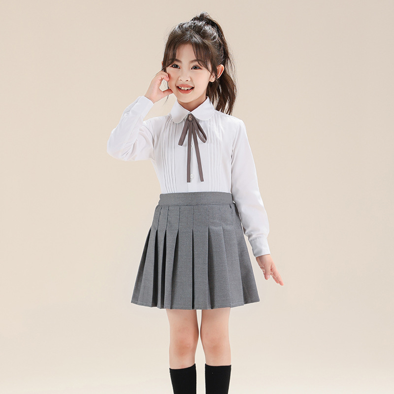 Camisa blanca para niñas Primavera y otoño Camisa blanca de manga larga con cuello redondo y fondo