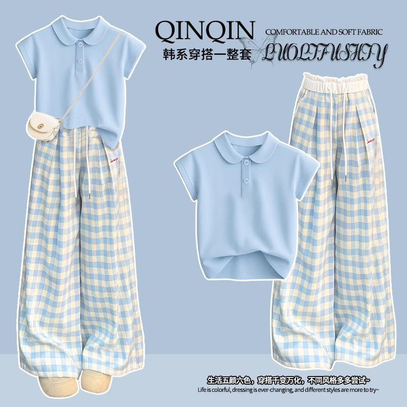 女子学生夏ワイドレッグチェック柄パンツセット 2025 ガールズカレッジポロ襟 Tシャツブルーカジュアルツーピーススーツ|undefined