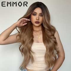 EMMOR Women's Wigs for Caucasian Women, Brown Middle Part Gradient Long Wavy Fiber Wigs