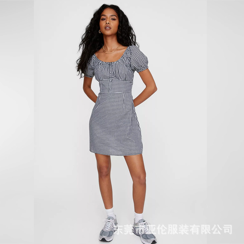 Humen Dress Clothing Factory Cross-Border Export Women's Clothing European and American Oem Factory Custom-Made Square Collar Plaid Dress Humen Dress Clothing Factory Cross-Border Export Women's Clothing European and American Oem Factory Custom-Made Square Collar Plaid Dress