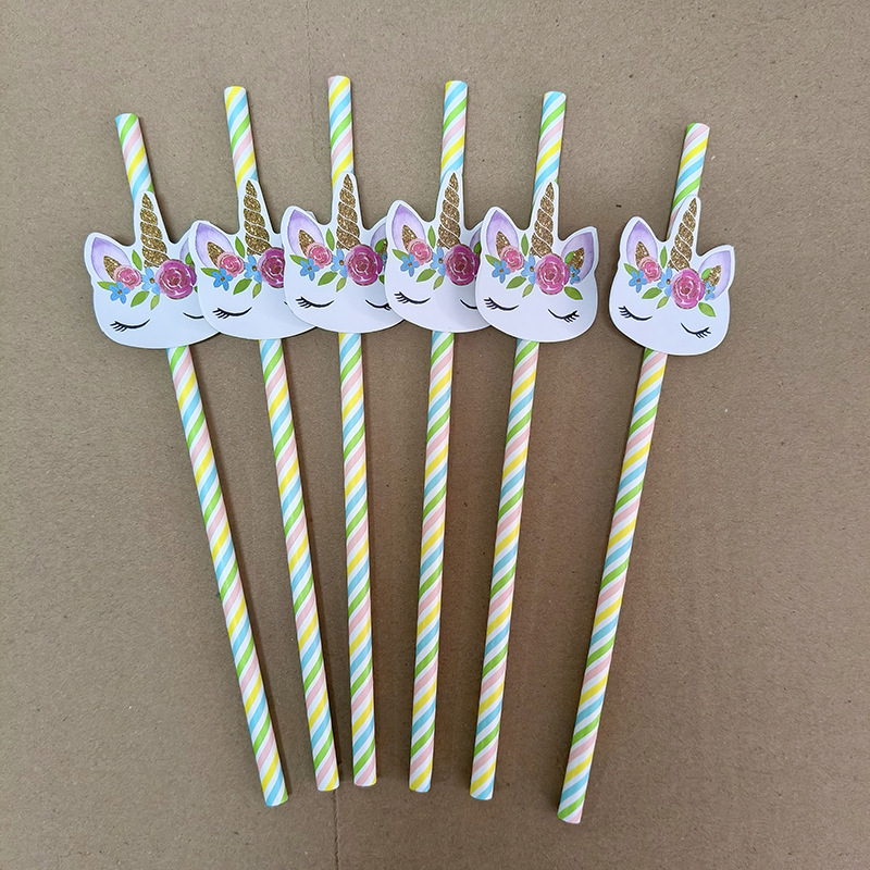 Decoración de fiesta de unicornio transfronterizo de papel arcoíris pajita desechable de cóctel degradable decoración de pastel