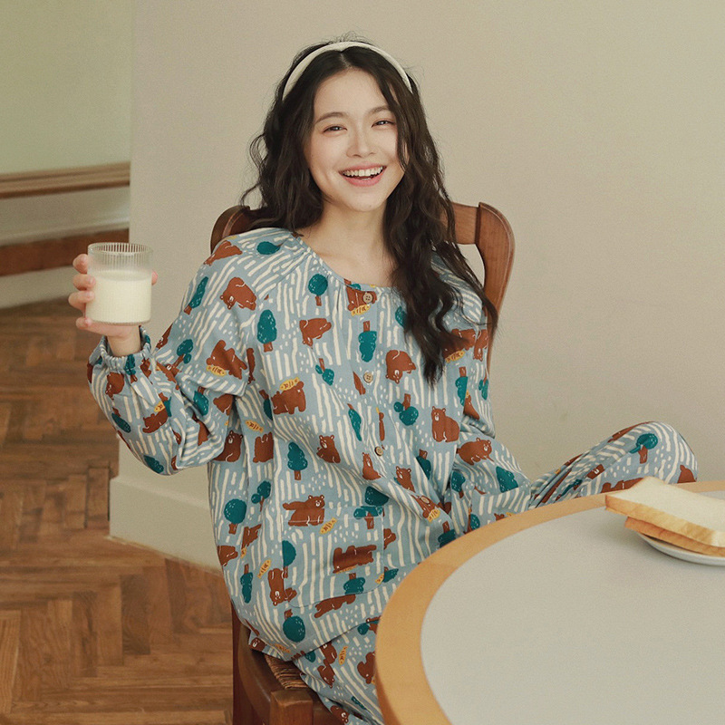 Special Offer 65 Cartoon Pajamas for Women, Spring and Autumn Pure Cotton Gauze Japanese Style Full Cotton Loungewear Long-Sleeve Set, Large Size, Summer