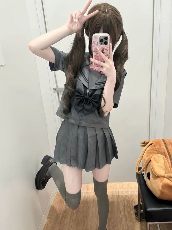 JK制服基础款穿搭灰色二本水手服长短袖衬衫上衣中间服百搭灰JK裙|undefined