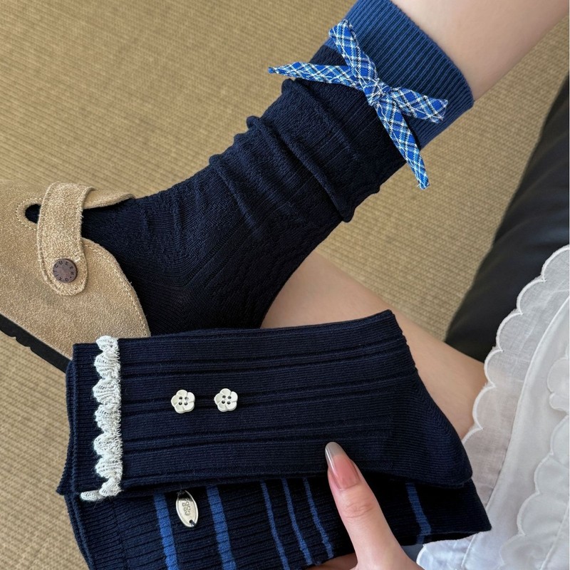 ins韩系藏青学院风格子蝴蝶结女中筒袜小花纽扣泡泡口花边饰品袜|undefined