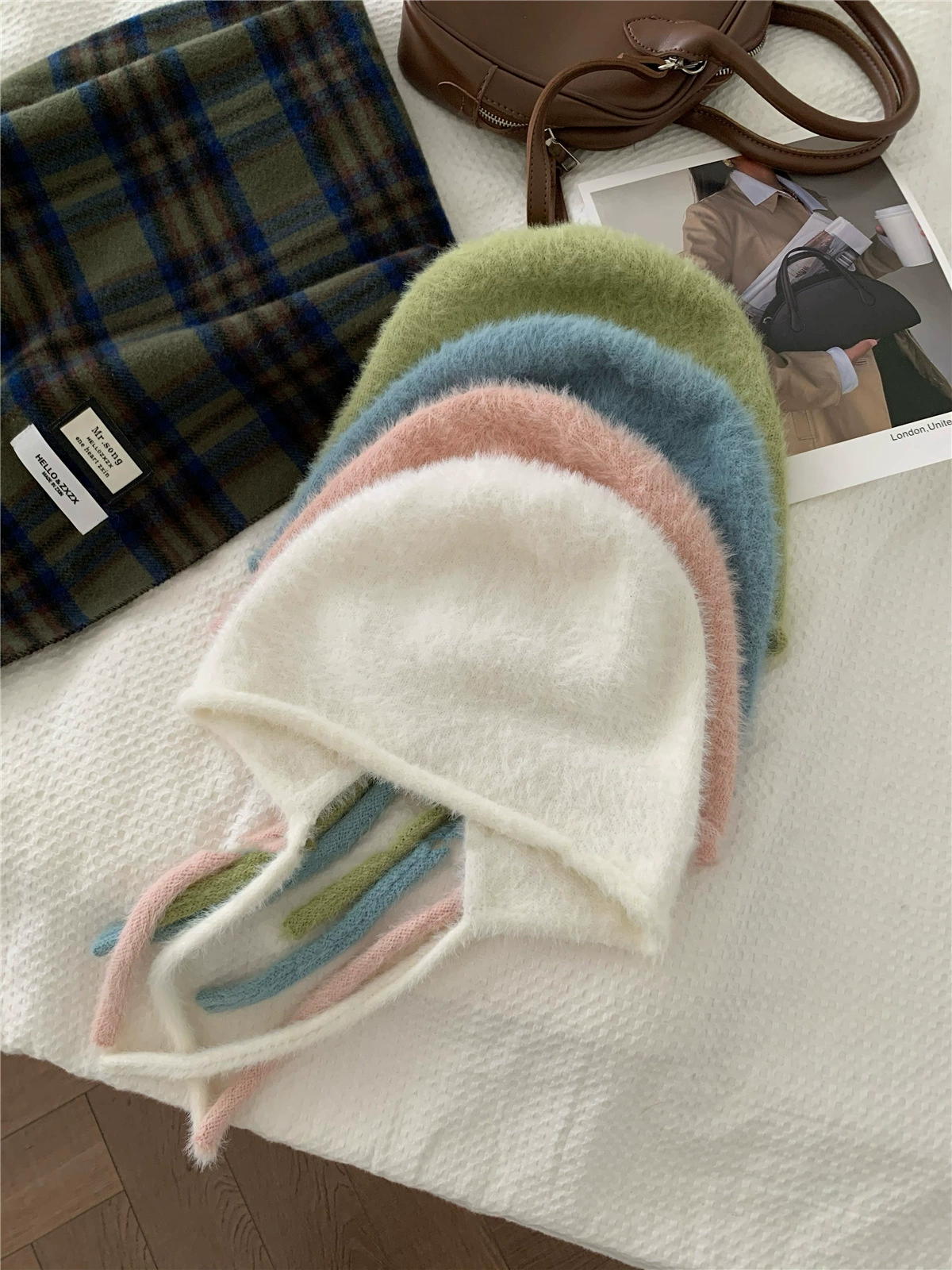 Японский милый бархатный пояс, демисезонная knitted шапка, тёплые шерстяные ушанки из плюша