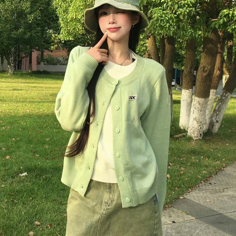 美式覆古假两件针织开衫女早秋新款藏青色长袖宽松慵懒风v领上衣|undefined