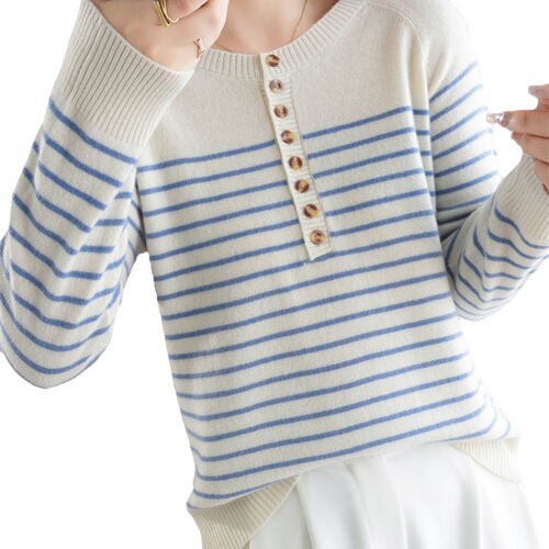 Autumn/Winter Striped Crew-Neck Sweater with Belt, Women's Long-Sleeve Knit Top – Bold Colorblock Pullover Base Layer