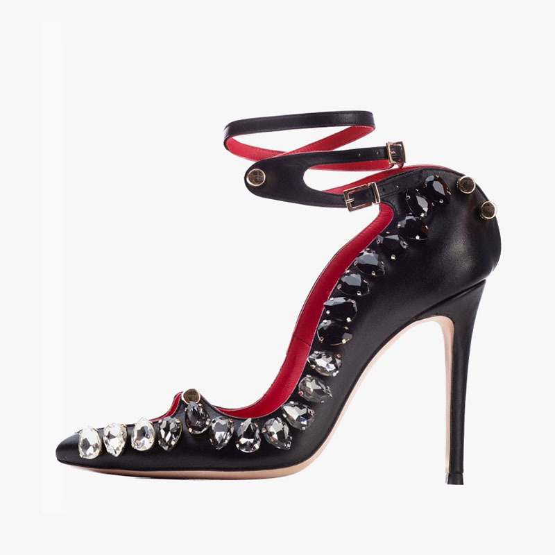 European and American style rhinestone high heel shoes shallow mouth hollow pointed stiletto heel metal buckle ankle strap belt buckle single-layer shoes