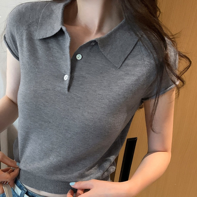 Trendy and stylish gray polo collar short-sleeve knit top for women, new summer model, fresh and elegant, slimming T-shirt Trendy and stylish gray polo collar short-sleeve knit top for women, new summer model, fresh and elegant, slimming T-shirt