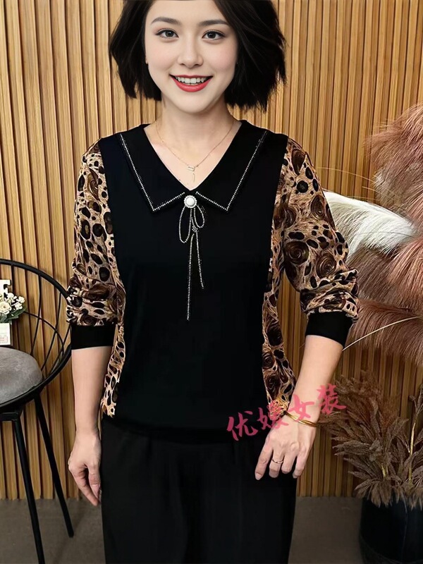 秋季新款时尚翻领印花时尚百搭宽松显瘦中年妈妈装长袖女士上衣|undefined