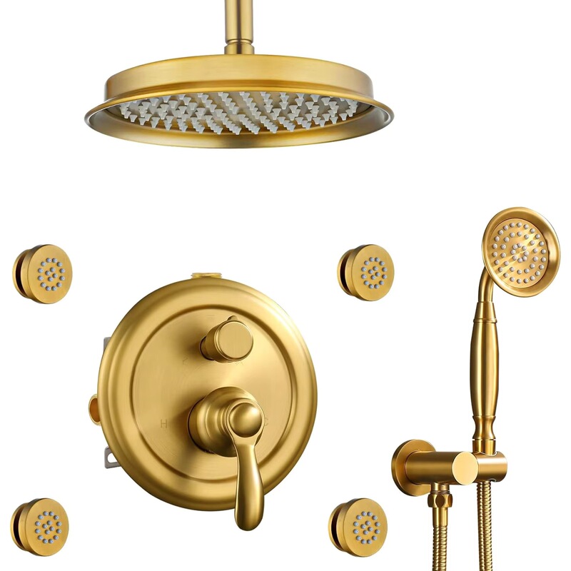 Cross-Border Concealed Shower Set Brushed Gold Antique Shower System 9inch Rainfall Set with Jet Device