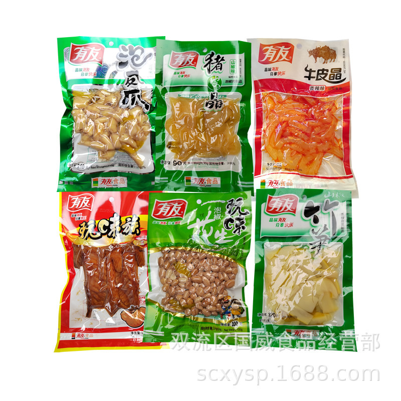 Youyou Pickled Chicken Feet in Bags with Bamboo Shoots, Pork Skin, and Dried Tofu Snacks, Available in Spicy Pepper Flavor, Sour Vegetable Flavor, and Pepper Flavor, Wholesale Chicken Feet Youyou Pickled Chicken Feet in Bags with Bamboo Shoots, Pork Skin, and Dried Tofu Snacks, Available in Spicy Pepper Flavor, Sour Vegetable Flavor, and Pepper Flavor, Wholesale Chicken Feet