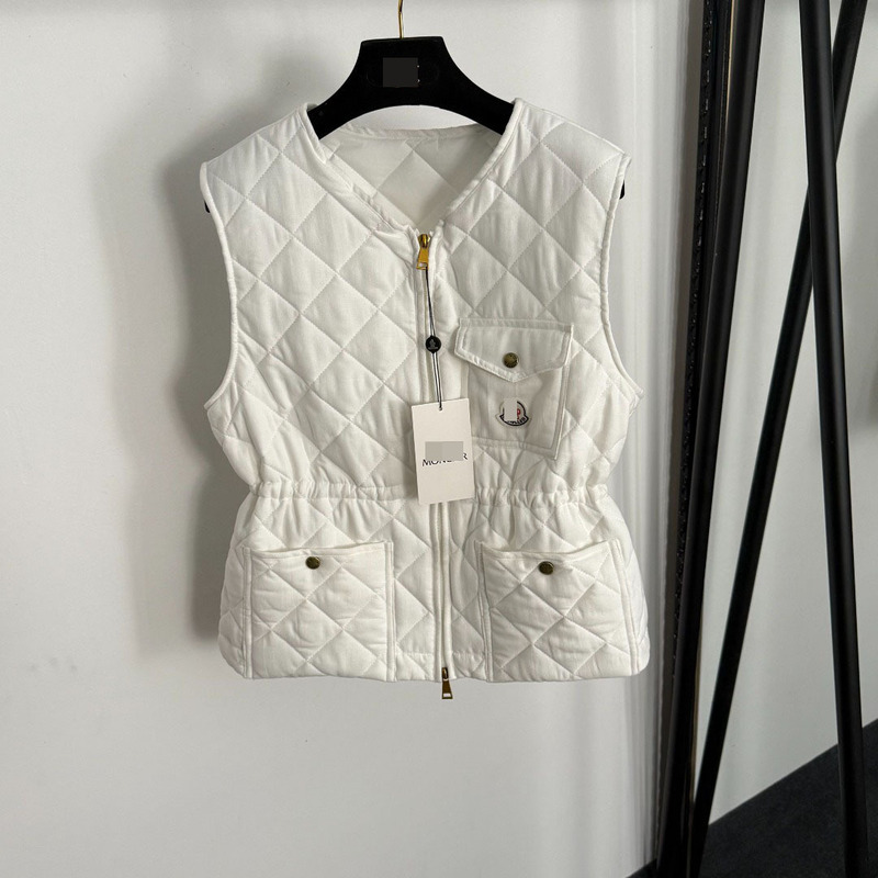 New Logo Embroidered Badge Pocket Linen Quilted Cotton Drawstring Waist Slim Fit Zipper Vest Jacket