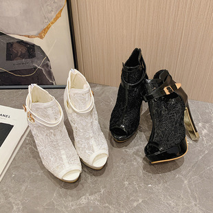 New Foreign Trade Peep-Toe Sandals with Lace Waterproof Platform, Large Size Sexy Peep-Toe Boots, Large Size High Chunky Heel Mesh Women's Sandals