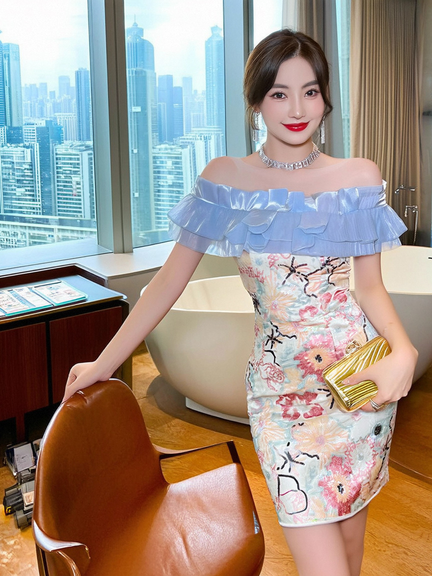 Váy liền sequin ôm dáng trễ vai bèo nhún nữ tính — Xanh lam băng