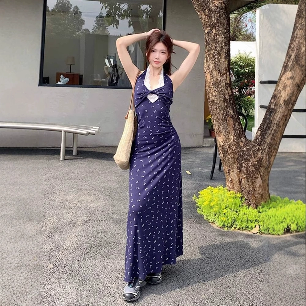 Французское кружевное платье с V-образным вырезом цветочный платье женское 2025 лето новый дизайн талии чувство праздник длинная юбка