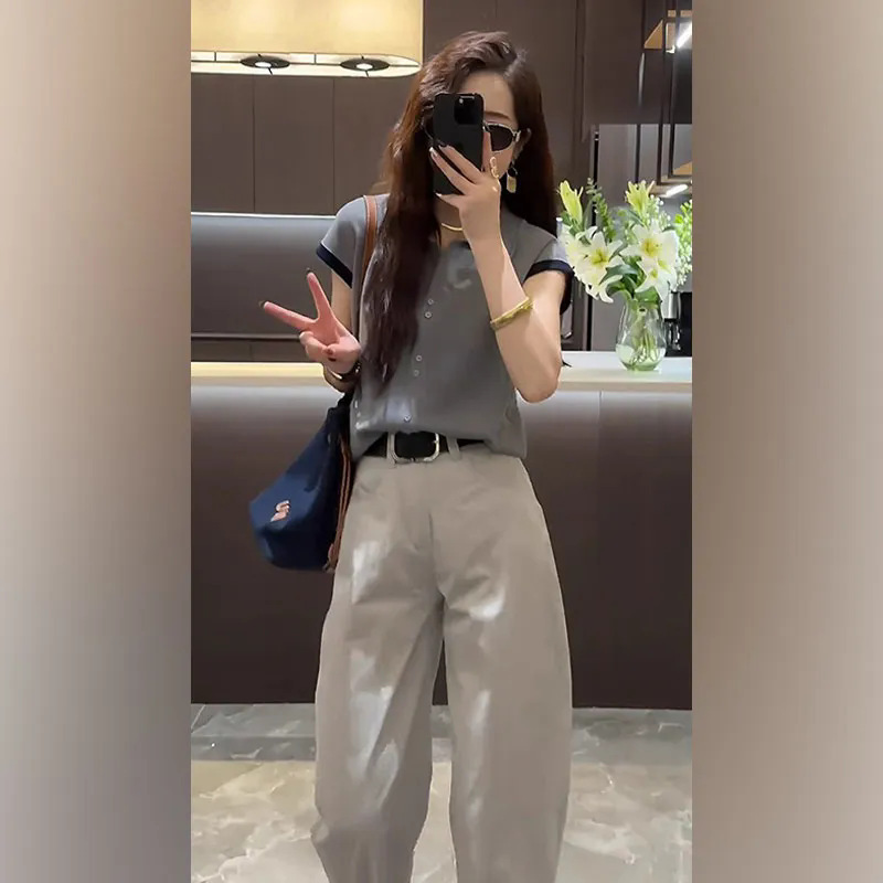 夏服セット2025新型爆金洋気ニット半袖tシャツ九分カジュアルパンツ気質セット|undefined
