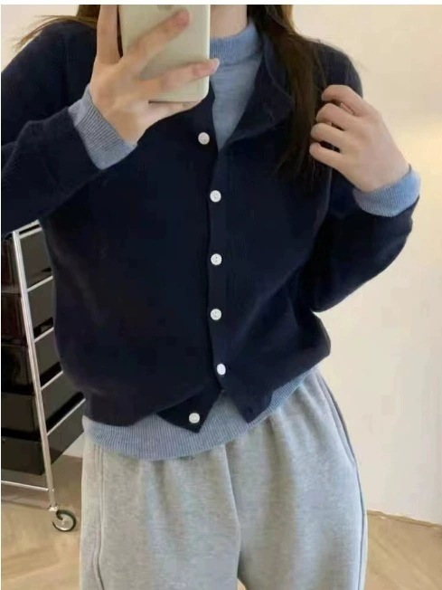 2025年新款高级感藏青色毛衣外套女秋冬慵懒宽松百搭假两件针织衫|undefined